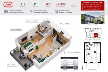 Rzut - Mieszkanie na sprzedaż 2 pokoje o powierzchni 40,99 m² - numer 22 w Tęczowy Zakątek F-15