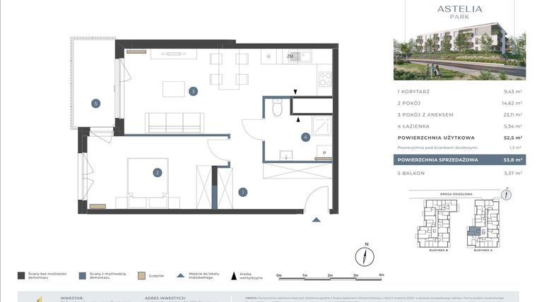 Rzut - Mieszkanie na sprzedaż 2 pokoje o powierzchni 52,5 m² - numer 3.1A.18 w Astelia Park etap 1A i 3