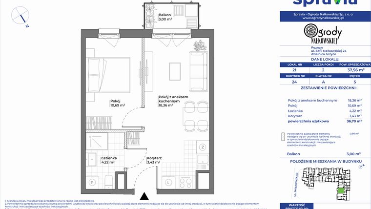 Rzut - Mieszkanie na sprzedaż 2 pokoje o powierzchni 37,56 m² - numer 24/21 w Ogrody Nałkowskiej
