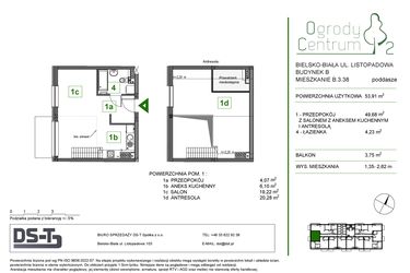 Rzut - Mieszkanie na sprzedaż 1 pokój o powierzchni 53,91 m² - numer B.3.38 w Ogrody Centrum 2