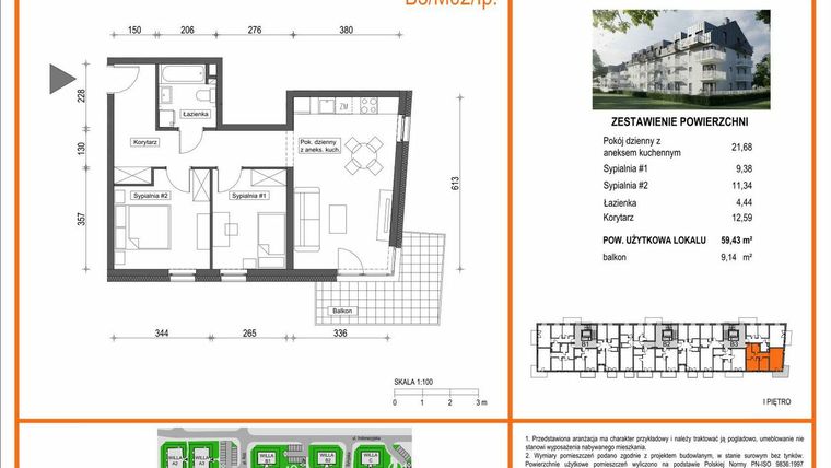 Rzut - Mieszkanie na sprzedaż 3 pokoje o powierzchni 59,43 m² - numer B3/M02/1P w Zielony Brochów 7