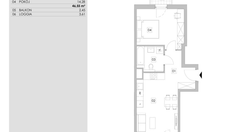 Rzut - Mieszkanie na sprzedaż 2 pokoje o powierzchni 46,55 m² - numer A6.1.63 w ATAL Ruczaj