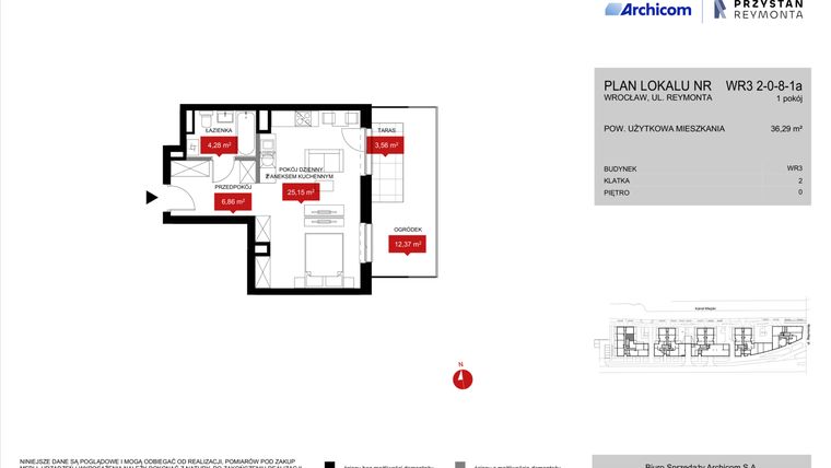 Rzut - Mieszkanie na sprzedaż 1 pokój o powierzchni 36,29 m² - numer WR3 2/0/8/1a w Przystań Reymonta etap II