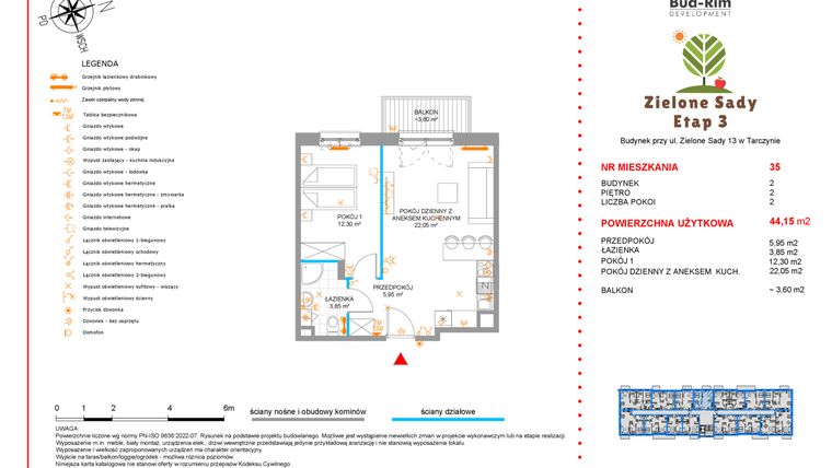 Rzut - Mieszkanie na sprzedaż 2 pokoje o powierzchni 44,15 m² - numer 35 w Zielone Sady etap III B2