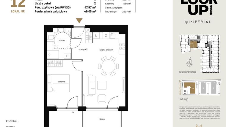 Rzut - Mieszkanie na sprzedaż 2 pokoje o powierzchni 47,97 m² - numer A12 w Look Up House