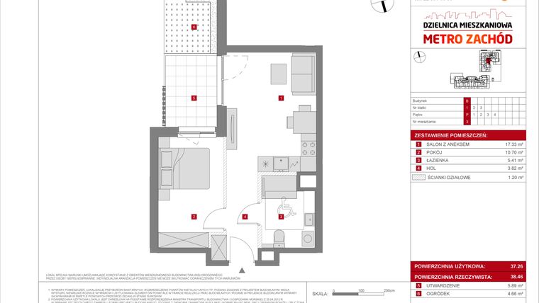 Rzut - Mieszkanie na sprzedaż 2 pokoje o powierzchni 37,26 m² - numer B.3 w Dzielnica Mieszkaniowa Metro Zachód - etap 8.2