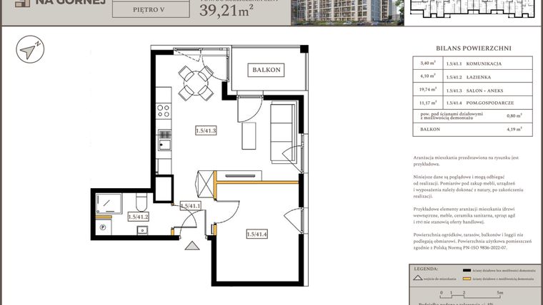 Rzut - Mieszkanie na sprzedaż 1 pokój o powierzchni 38,41 m² - numer M41 w Osiedle Na Górnej etap V