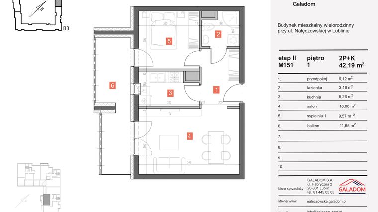 Rzut - Mieszkanie na sprzedaż 2 pokoje o powierzchni 42,19 m² - numer M-151 w Nałęczowska etap II