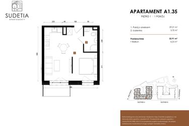 Rzut - Mieszkanie na sprzedaż 1 pokój o powierzchni 32,91 m² - numer A 1.35 w Apartamenty Sudetia