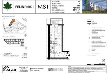 Rzut - Mieszkanie na sprzedaż 1 pokój o powierzchni 28,94 m² - numer M81 w Felin Park II etap 2