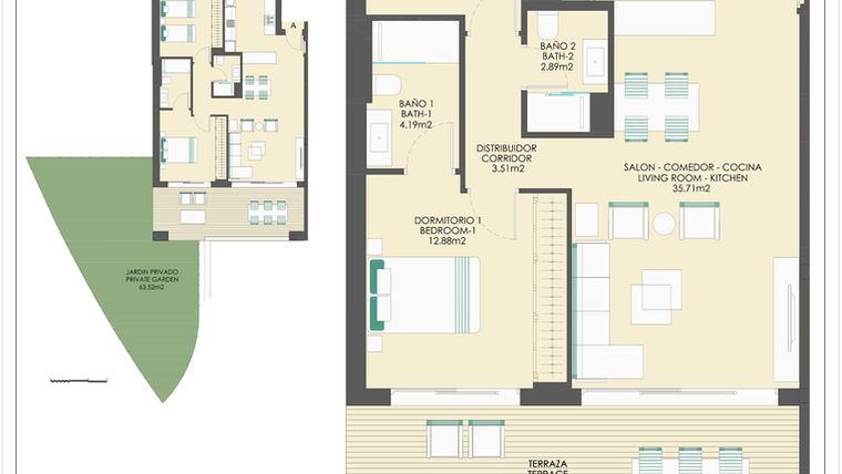 Rzut - Mieszkanie na sprzedaż 2 pokoje o powierzchni 181,1 m² - numer B20A w Arrecife by UrbinCasa