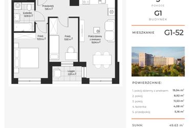 Rzut - Mieszkanie na sprzedaż 3 pokoje o powierzchni 49,63 m² - numer G1-52 w Piasta Park VI