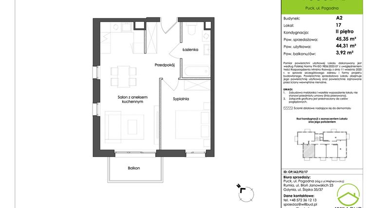 Rzut - Mieszkanie na sprzedaż 2 pokoje o powierzchni 44,31 m² - numer OP/A2/P2/17 w Osiedle Pogodne etap I