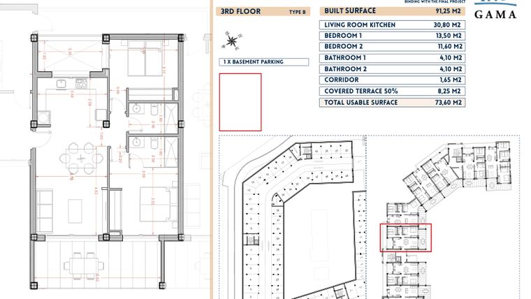 Rzut - Mieszkanie na sprzedaż 2 pokoje o powierzchni 91,25 m² - numer 27 w Velapi II - Murcia