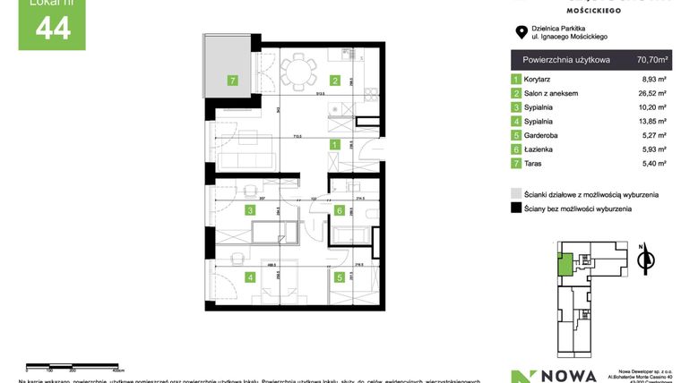 Rzut - Mieszkanie na sprzedaż 3 pokoje o powierzchni 70,7 m² - numer M44 w Nowa Częstochowa Mościckiego