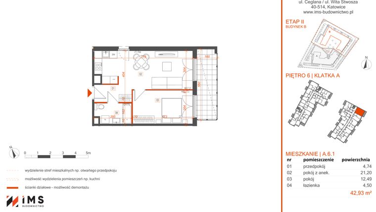 Rzut - Mieszkanie na sprzedaż 2 pokoje o powierzchni 42,85 m² - numer A.6.1 w Rondo Ceglana etap II