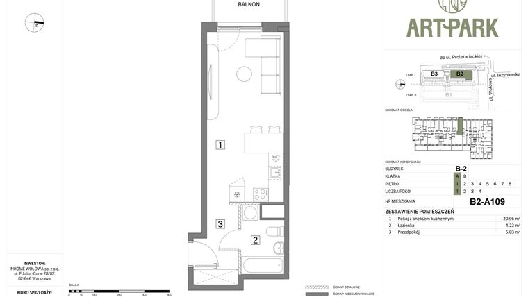 Rzut - Mieszkanie na sprzedaż 1 pokój o powierzchni 30,21 m² - numer B.2.A109 w Inhome Osiedle ArtPark etap I