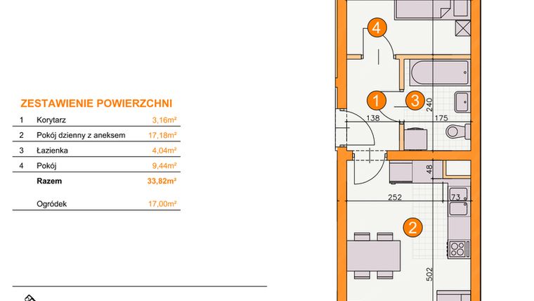 Rzut - Mieszkanie na sprzedaż 2 pokoje o powierzchni 33,82 m² - numer BI/A1 w Osiedle Bocianie Gniazdo 2