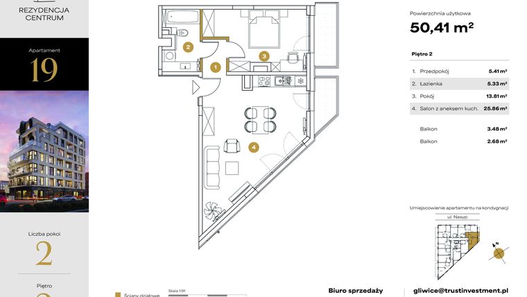 Rzut - Mieszkanie na sprzedaż 2 pokoje o powierzchni 50,41 m² - numer 19 w Rezydencja Centrum