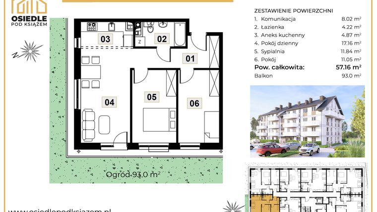 Rzut - Mieszkanie na sprzedaż 3 pokoje o powierzchni 57,16 m² - numer M02 w Osiedle Pod Książem