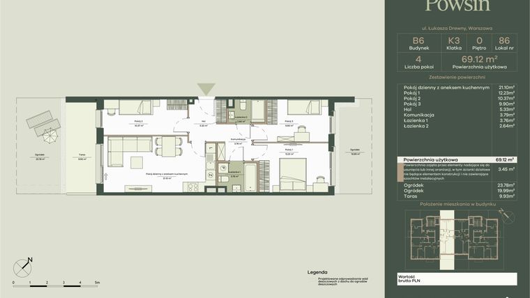 Rzut - Mieszkanie na sprzedaż 4 pokoje o powierzchni 69,12 m² - numer B6/86 w Onelife Powsin
