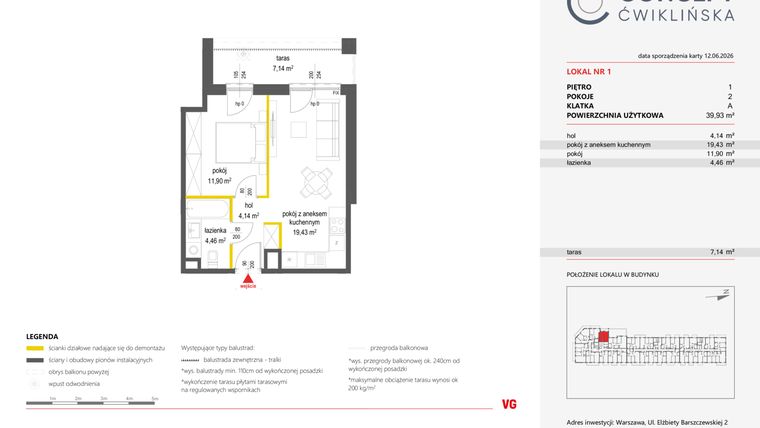 Rzut - Mieszkanie na sprzedaż 2 pokoje o powierzchni 39,93 m² - numer 1 w Concept Ćwiklińska