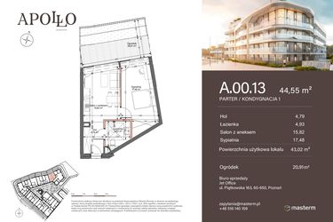 Rzut - Mieszkanie na sprzedaż 2 pokoje o powierzchni 43,02 m² - numer A.0.13 w Apollo Residence