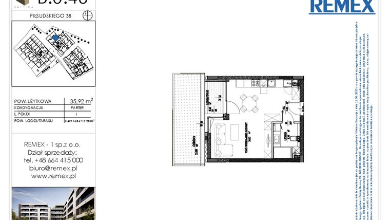 Rzut - Mieszkanie na sprzedaż 1 pokój o powierzchni 35,92 m² - numer B.0.46 w Osiedle BALTICA