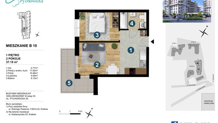 Rzut - Mieszkanie na sprzedaż 2 pokoje o powierzchni 37,15 m² - numer B10 w Kapelanka-Pychowicka Etap III
