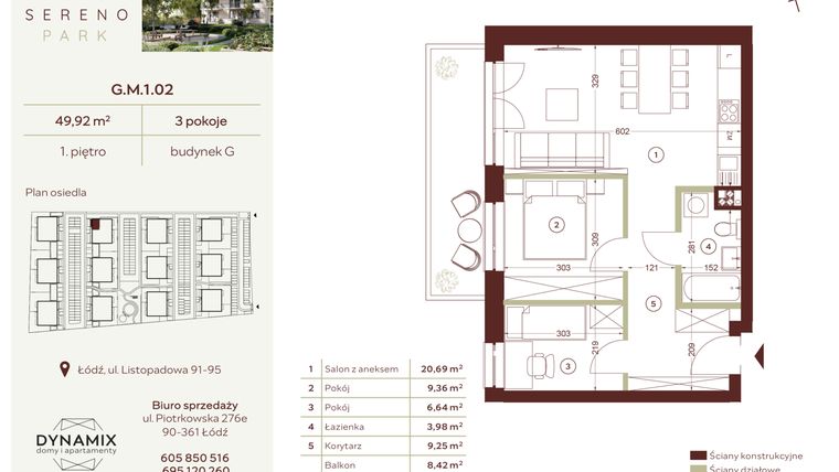 Rzut - Mieszkanie na sprzedaż 3 pokoje o powierzchni 49,92 m² - numer G.M.1.02 w Sereno Park