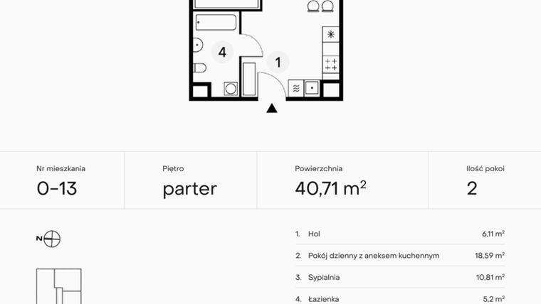 Rzut - Mieszkanie na sprzedaż 2 pokoje o powierzchni 40,71 m² - numer 0-13 w Pączka 1