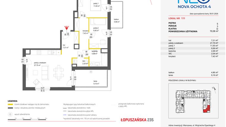 Rzut - Mieszkanie na sprzedaż 3 pokoje o powierzchni 70,06 m² - numer 109 w Neo Nova Ochota 4