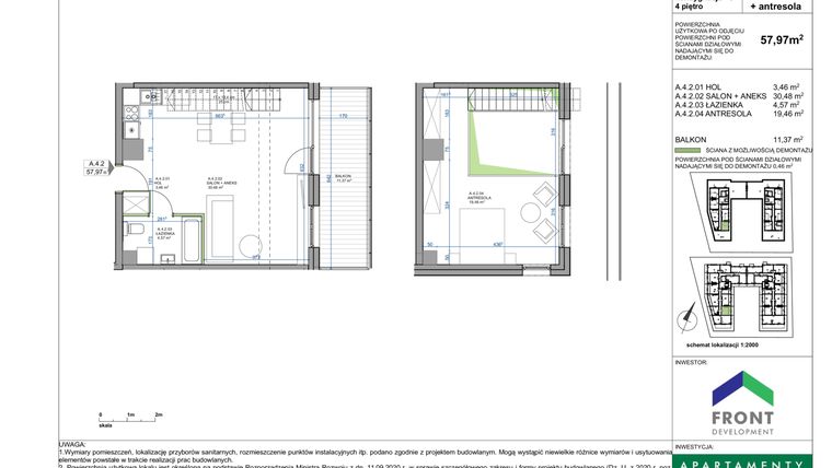 Rzut - Mieszkanie na sprzedaż 2 pokoje o powierzchni 58,43 m² - numer A.4.2. w Apartamenty Płużnicka