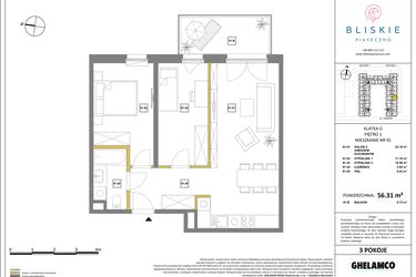 Rzut - Mieszkanie na sprzedaż 3 pokoje o powierzchni 56,31 m² - numer 91 w Bliskie Piaseczno 2