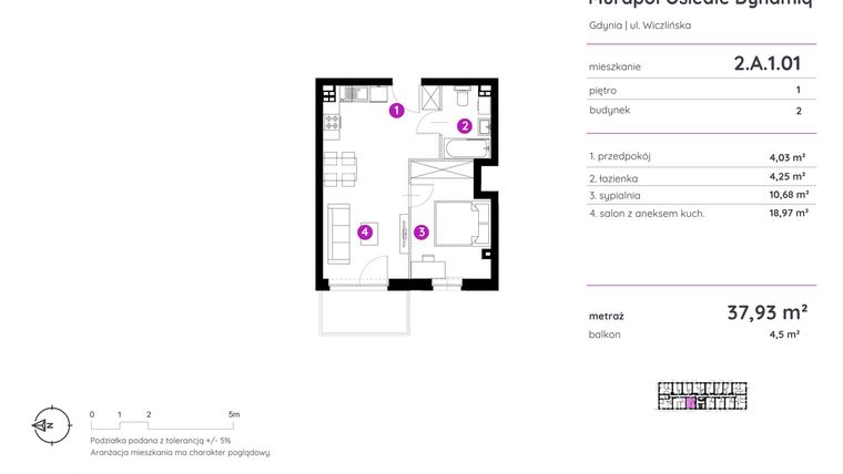 Rzut - Mieszkanie na sprzedaż 2 pokoje o powierzchni 37,93 m² - numer 2.A.1.01 w Murapol Osiedle Dynamiq