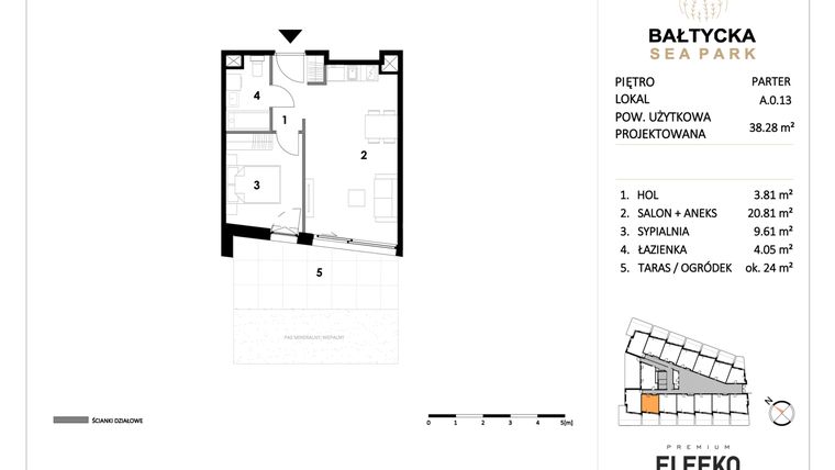 Rzut - Mieszkanie na sprzedaż 2 pokoje o powierzchni 38,28 m² - numer A.0.13 w Bałtycka Sea Park