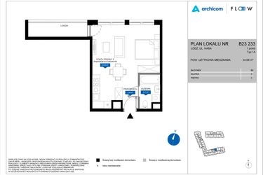 Rzut - Mieszkanie na sprzedaż 1 pokój o powierzchni 34,68 m² - numer B23 233 w Flow - bud. B2 A i bud. B2 B