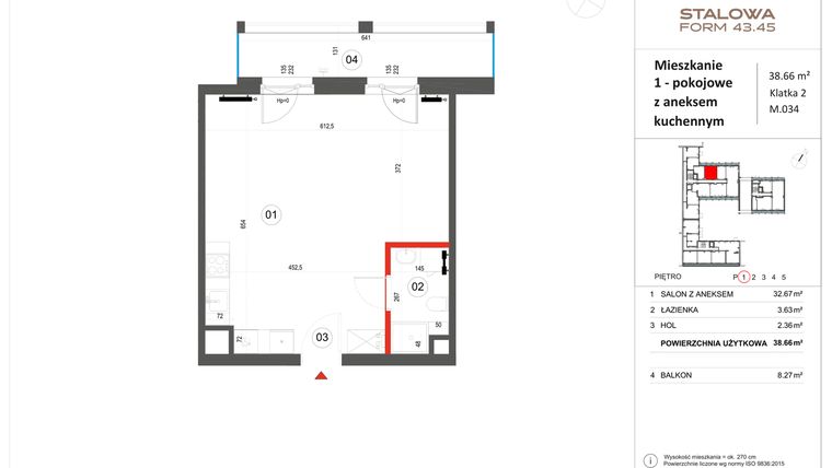 Rzut - Mieszkanie na sprzedaż 1 pokój o powierzchni 38,66 m² - numer 34 w Stalowa Form 43.45