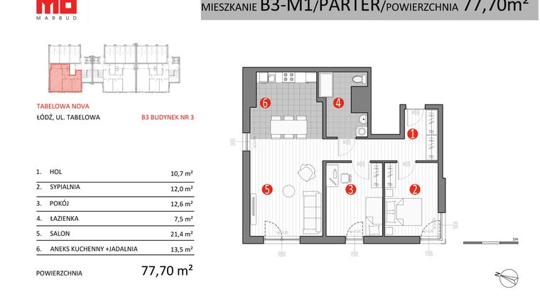 Rzut - Mieszkanie na sprzedaż 3 pokoje o powierzchni 77,7 m² - numer B3-M1 w Tabelowa NOVA