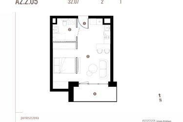 Rzut - Mieszkanie na sprzedaż 1 pokój o powierzchni 32,07 m² - numer A2.2.05 w Belg Apartamenty etap II