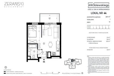 Rzut - Mieszkanie na sprzedaż 1 pokój o powierzchni 29,71 m² - numer A44 w Wróblewskiego