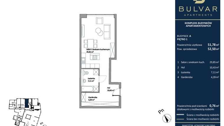 Rzut - Mieszkanie na sprzedaż 1 pokój o powierzchni 51,78 m² - numer A.104 w Bulvar Apartments - etap I