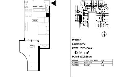 Rzut - Mieszkanie na sprzedaż 1 pokój o powierzchni 43,9 m² - numer 033 w Apollo Resort