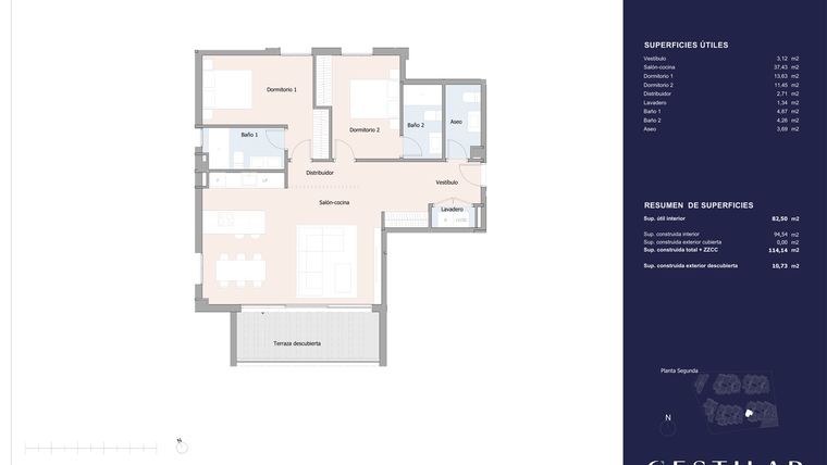 Rzut - Mieszkanie na sprzedaż 2 pokoje o powierzchni 94,54 m² - numer 42E w Isla Bela