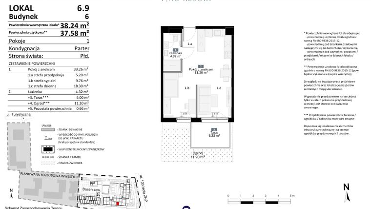 Rzut - Mieszkanie na sprzedaż 2 pokoje o powierzchni 37,58 m² - numer 6.09 w Pino Resort