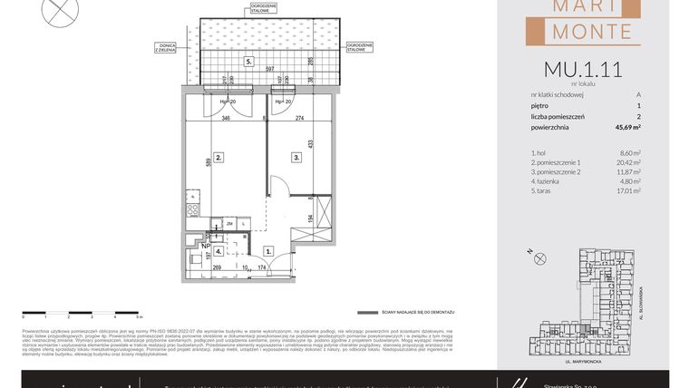 Rzut - Mieszkanie na sprzedaż 2 pokoje o powierzchni 45,69 m² - numer MU.1.11 w Marimonte - apartamenty inwestycyjne