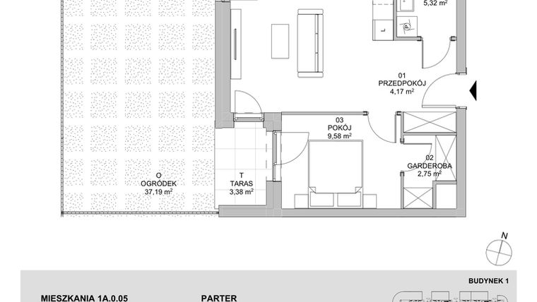 Rzut - Mieszkanie na sprzedaż 2 pokoje o powierzchni 47,1 m² - numer 1A.0.05 w Francuska Park VIIIB