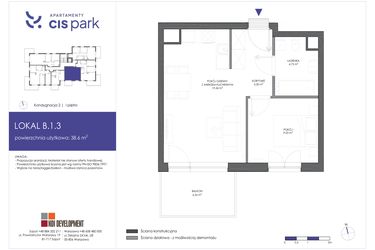 Rzut - Mieszkanie na sprzedaż 2 pokoje o powierzchni 38,6 m² - numer B.1.3 w CIS Park