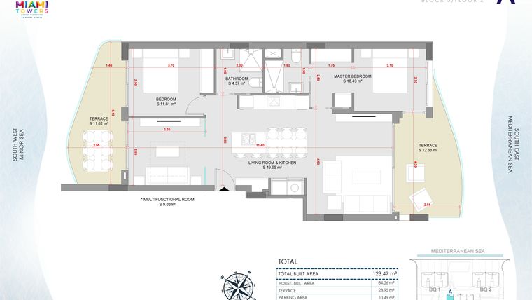 Rzut - Mieszkanie na sprzedaż 3 pokoje o powierzchni 123,47 m² - numer P2-BL3-A w Miami Towers
