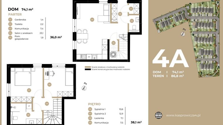 Rzut - Dom na sprzedaż 2 pokoje o powierzchni 74,1 m² - numer 4A w Kasprowicza 4